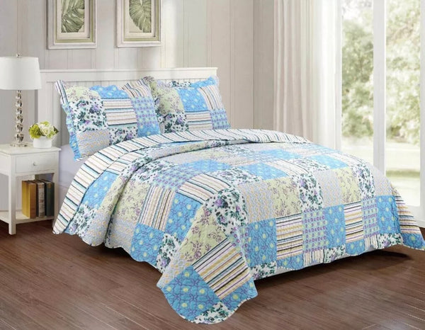 KARO FLOWERS PATCHWORK LIGHT BLUE REVERSIBLE BEDSPREAD QUILTED 3 PCS KING SIZE
