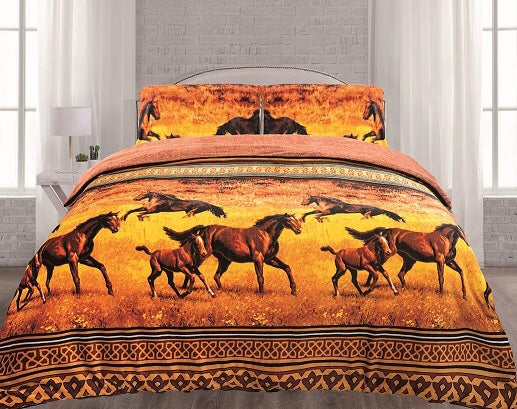 ALMA HORSES BROWN BLANKET WITH SHERPA VERY SOFTY THICK AND WARM 3 PCS QUEEN/FULL SIZE