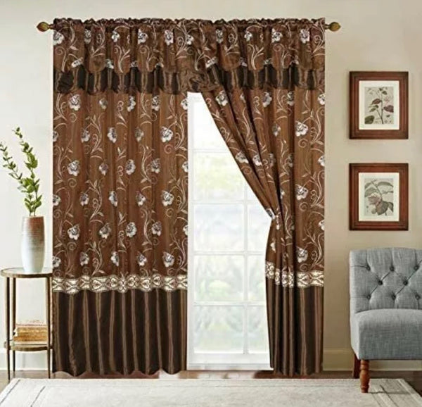 MIDWAY CHOCOLATE EMBROIDERED CURTAINS WINDOWS PANELS WITH ATTACHED VALANCE AND SHEER 6 PCS