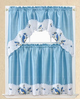 BUTTERFLIES BLUE AND BEIGE EMBROIDERED DECORATIVE KITCHEN CURTAIN SET 3 PCS