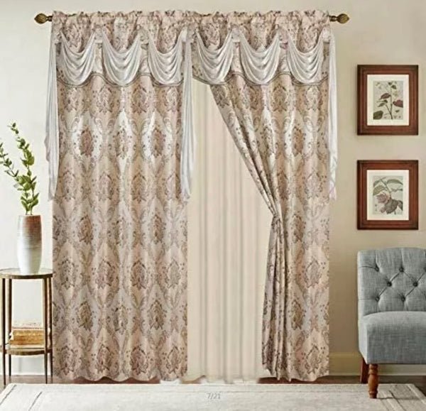 ELIZA BEIGE CURTAINS WINDOWS PANELS WITH ATTACHED VALANCE AND SHEER 6 PCS