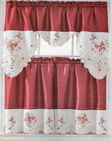 BUTTERFLY BURGUNDY AND BEIGE EMBROIDERED SEQUINS DECORATIVE KITCHEN CURTAIN 3 PCS SET
