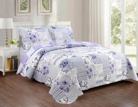 KARO FLOWERS PATCHWORK LAVENDER REVERSIBLE BEDSPREAD QUILTED 3 PCS CALIFORNIA KING SIZE