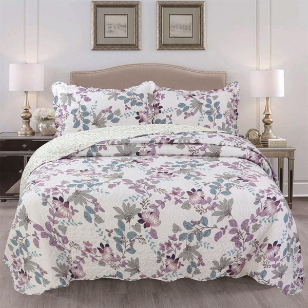 KARO FLOWERS PURPLE REVERSIBLE BEDSPREAD QUILTED 3 PCS CALIFORNIA KING SIZE