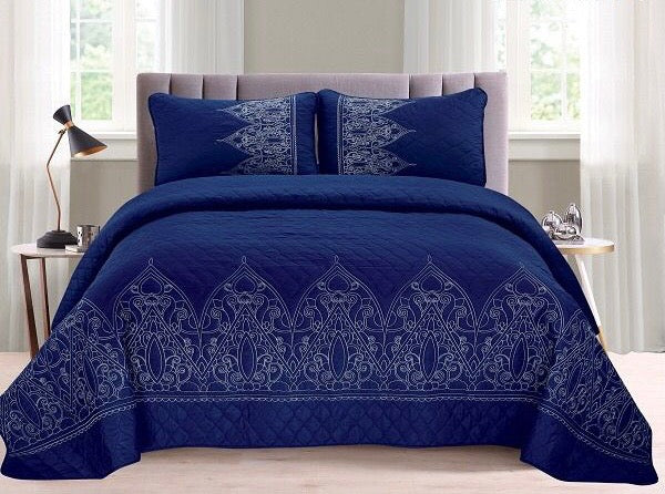 ALICIA FLOWERS NAVY BLUE COLOR EMBROIDERED DECORATIVE BEDSPREAD COVERLET SET 3 PCS QUEEN SIZE