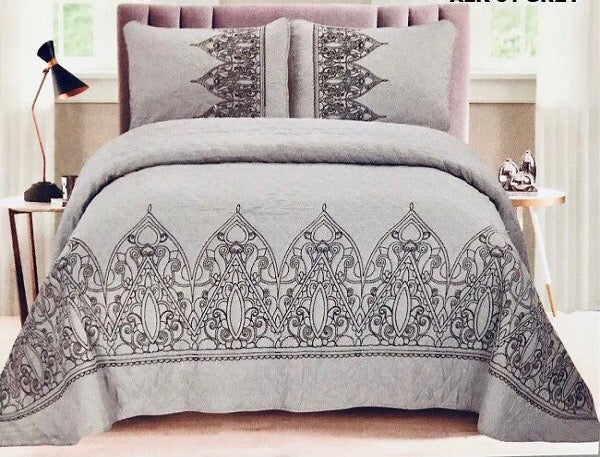 ALICIA FLOWERS GRAY COLOR EMBROIDERED DECORATIVE BEDSPREAD COVERLET SET 3 PCS QUEEN SIZE