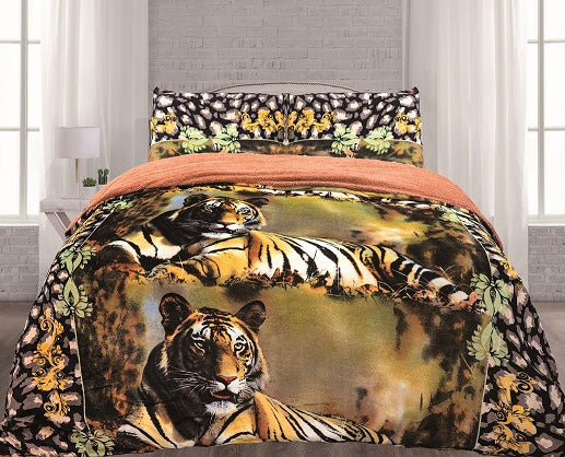 ALMA TIGER MULTICOLOR BLANKET WITH SHERPA VERY SOFTY THICK AND WARM 3 PCS QUEEN/FULL SIZE