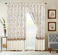 MIDWAY BEIGE EMBROIDERED CURTAINS WINDOWS PANELS WITH ATTACHED VALANCE AND SHEER 6 PCS