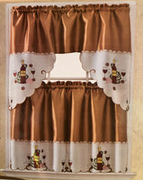 ALASKA GLASS OF WINE TAUPE COLOR EMBROIDERED DECORATIVE KITCHEN CURTAIN 3 PCS SET