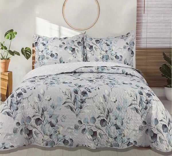 ELVIRA FLOWERS GRAY REVERSIBLE DECORATIVE BEDSPREAD COVERLET SET 3 PCS KING SIZE