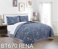 RENA LEAVES BLUE AND GRAY DECORATIVE REVERSIBLE BEDSPREAD COVERLET SET 3 PCS QUEEN SIZE