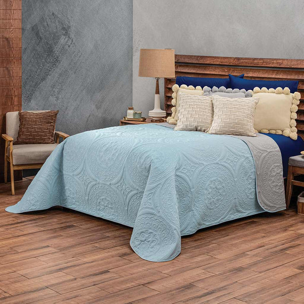 CIELO BLUE AND GRAY DECORATIVE REVERSIBLE BEDSPREAD 1 PCS QUEEN SIZE
