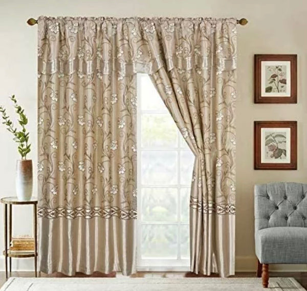 MIDWAY TAUPE EMBROIDERED CURTAINS WINDOWS PANELS WITH ATTACHED VALANCE AND SHEER 6 PCS