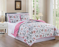 PATTY FLOWERS PINK DECORATIVE REVERSIBLE BEDSPREAD COVERLET SET 3 PCS CALIFORNIA KING SIZE