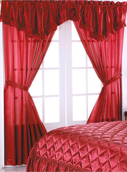 DIAMOND BURGUNDY SOLID COLOR LUXURY SATIN DECORATIVE CURTAINS WINDOWS PANELS SET 3 PCS