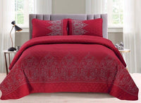 ALICIA FLOWERS BURGUNDY COLOR EMBROIDERED DECORATIVE BEDSPREAD COVERLET SET 3 PCS QUEEN SIZE