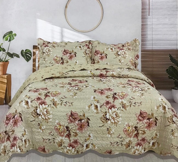 ELVIRA FLOWERS BEIGE DECORATIVE REVERSIBLE BEDSPREAD COVERLET SET 3 PCS KING SIZE