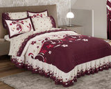 RIOJA FLOWERS BURGUNDY DECORATIVE BEDSPREAD COVERLET SET 3 PCS QUEEN SIZE 60% COTTON AND 40% POLYESTER