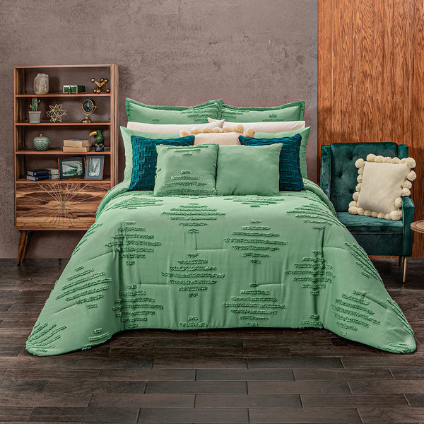 AGAVE GREEN CHENILLE TEXTURED FABRIC REVERSIBLE COMFORTER SET 7 PCS QUEEN SIZE