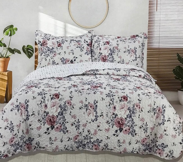 ELVIRA FLOWERS MULTICOLOR DECORATIVE REVERSIBLE BEDSPREAD COVERLET SET 3 PCS KING SIZE