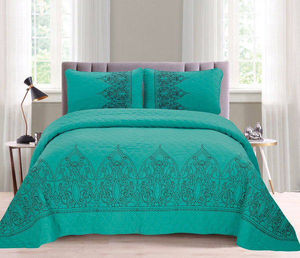 ALICIA FLOWERS TURQUOISE COLOR EMBROIDERED DECORATIVE BEDSPREAD COVERLET SET 3 PCS QUEEN SIZE