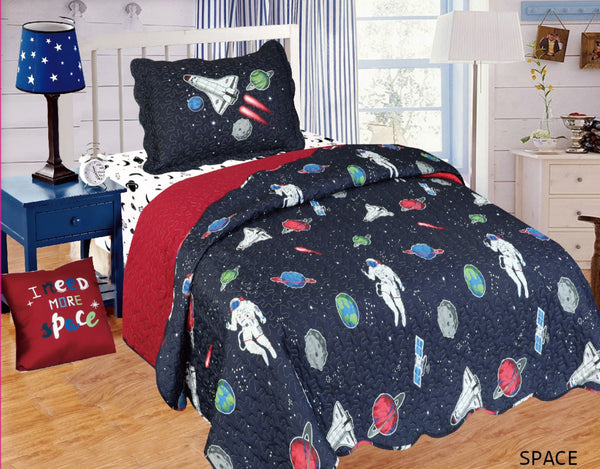 SPACE PLANETS TEENS KIDS BOYS DECORATIVE BEDSPREAD QUILTED 4 PCS TWIN SIZE