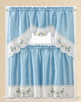 FLOWERS BLUE AND WHITE EMBROIDERED DECORATIVE KITCHEN CURTAIN SET 3 PCS