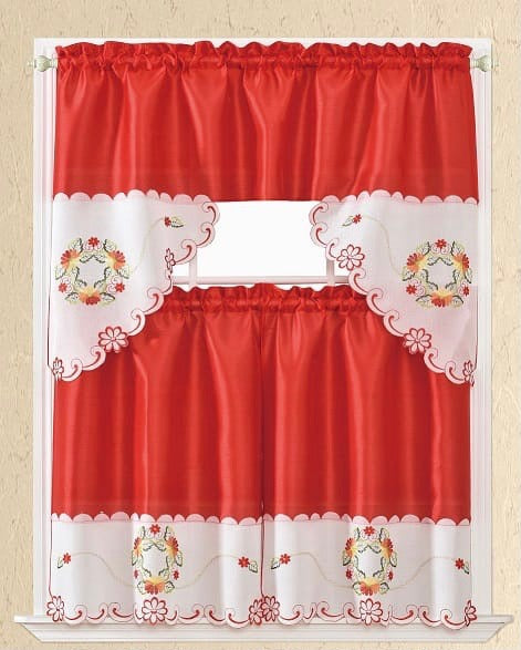 FLOWERS RED AND BEIGE EMBROIDERED DECORATIVE KITCHEN CURTAIN SET 3 PCS