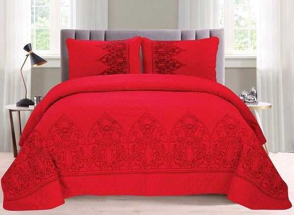 ALICIA FLOWERS RED COLOR EMBROIDERED DECORATIVE BEDSPREAD COVERLET SET 3 PCS QUEEN SIZE