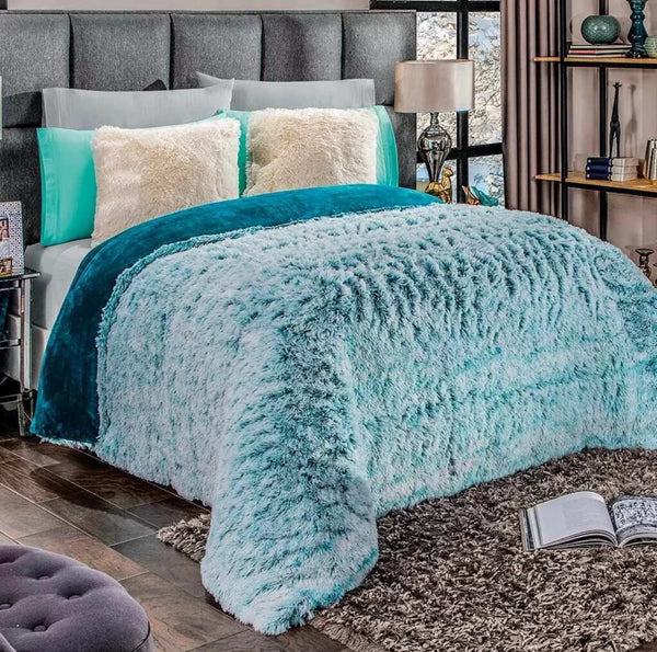 TITAN TEAL SHAGGY PLATINUM SUPER SOFT BLANKET WITH SHERPA THICK AND WARM 1 PCS QUEEN SIZE