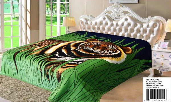 TIGER GREEN PARADISE PLUSH BLANKET SOFTY AND WARM QUEEN SIZE