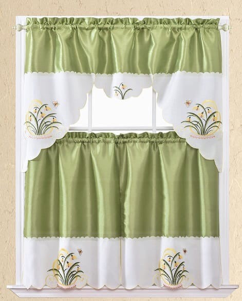 FLOWERS GREEN AND BEIGE EMBROIDERED DECORATIVE KITCHEN CURTAIN SET 3 PCS