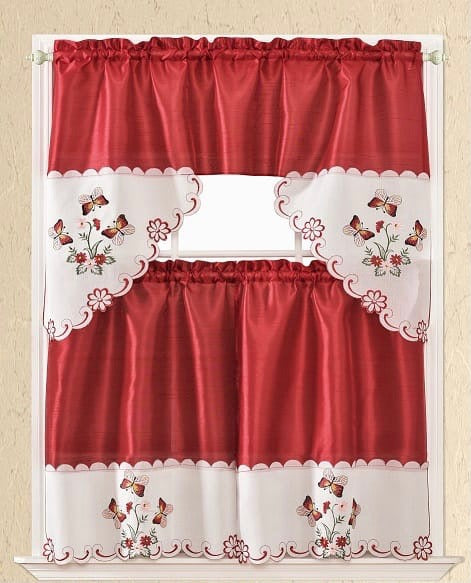 BUTTERFLIES RED AND BEIGE EMBROIDERED DECORATIVE KITCHEN CURTAINS SET 3 PCS
