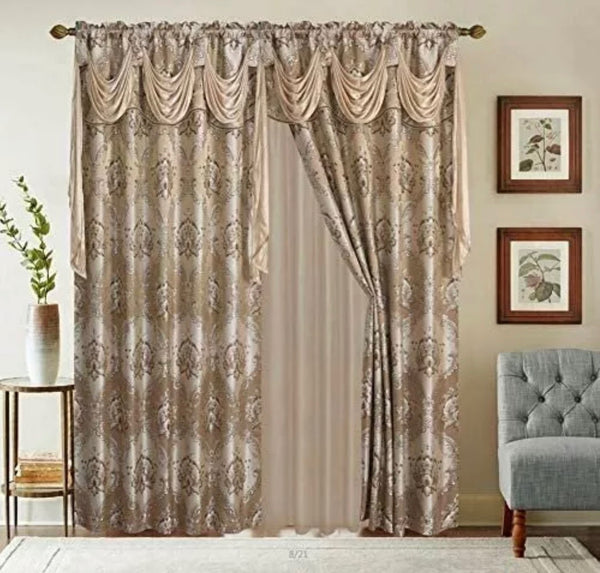 ELIZA CAMEL CURTAINS WINDOWS PANELS WITH ATTACHED VALANCE AND SHEER 6 PCS