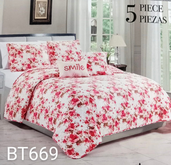 KAROL FLOWERS PINK AND RED DECORATIVE REVERSIBLE COMFORTER SET 5 PCS QUEEN SIZE
