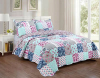 KARO FLOWERS PATCHWORK MULTICOLOR REVERSIBLE BEDSPREAD QUILTED 3 PCS CALIFORNIA KING SIZE