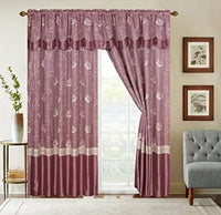 MIDWAY ROSE EMBROIDERED CURTAINS WINDOWS PANELS WITH ATTACHED VALANCE AND SHEER 6 PCS