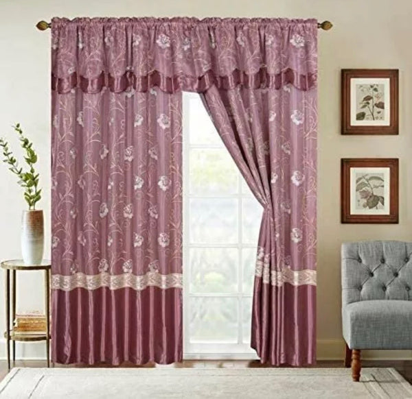 MIDWAY ROSE EMBROIDERED CURTAINS WINDOWS PANELS WITH ATTACHED VALANCE AND SHEER 6 PCS