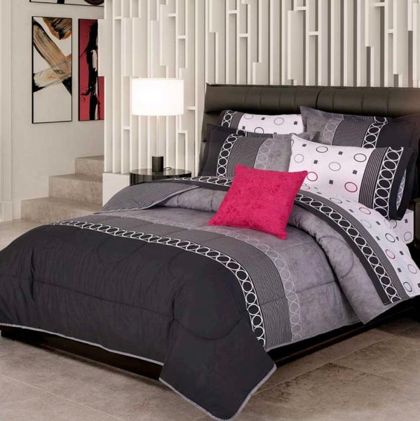 OXFORD STRIPES AND CIRCLES REVERSIBLE COMFORTER SET 4 PCS QUEEN SIZE