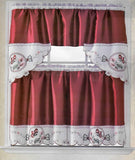 BUTTERFLY BURGUNDY AND WHITE EMBROIDERED DECORATIVE KITCHEN CURTAIN 3 PCS SET