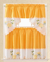 FLOWERS YELLOW AND BEIGE EMBROIDERED DECORATIVE KITCHEN CURTAIN SET 3 PCS